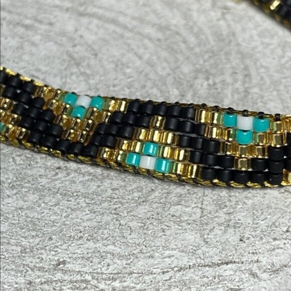 Cute Handcrafted Loom-Beaded Bracelet with Turquoise ,Black and Gold Beads - Picture 2 of 9